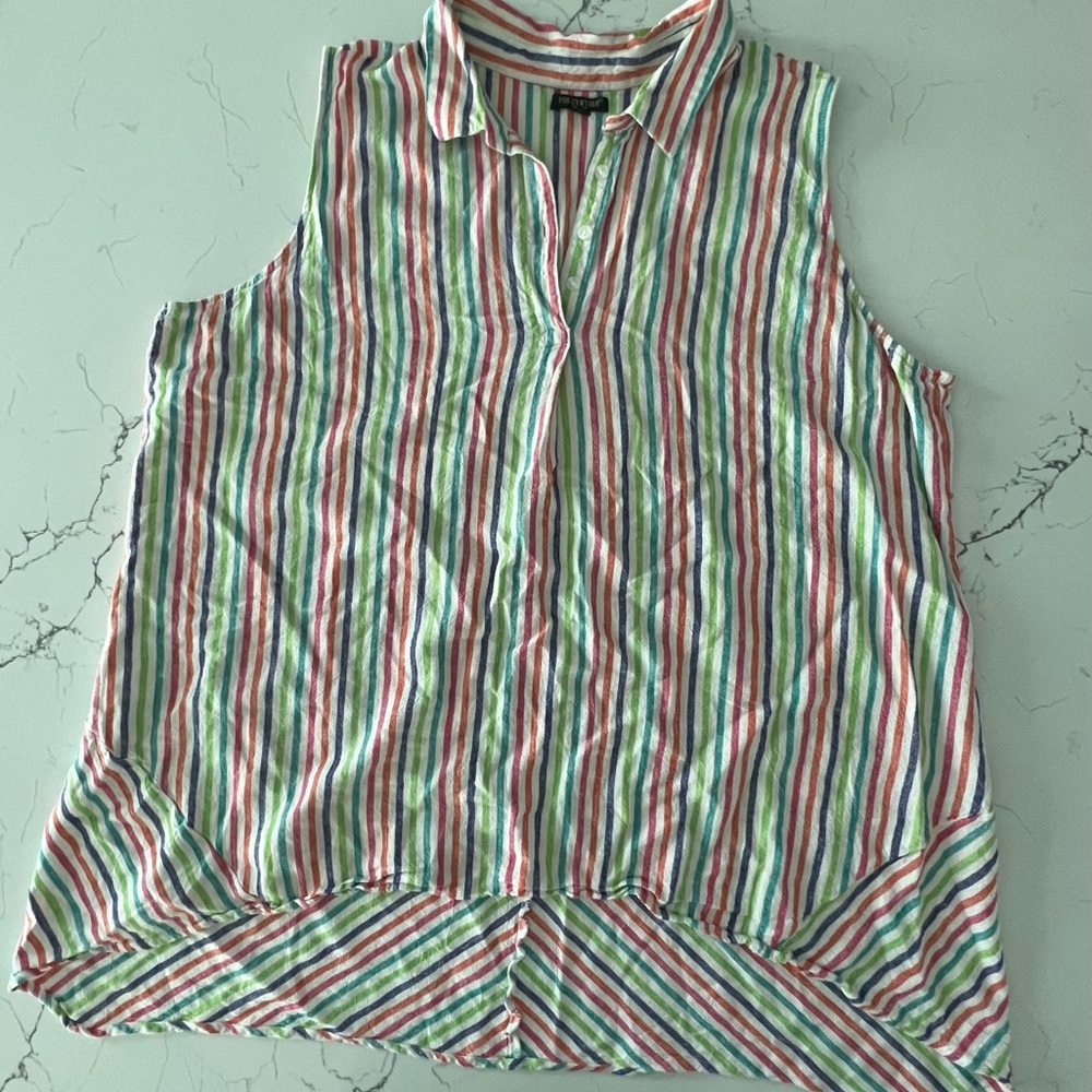 FOR CYNTHIA COLLARED MULTI COLORED STRIPE SLEEVELESS TUNIC